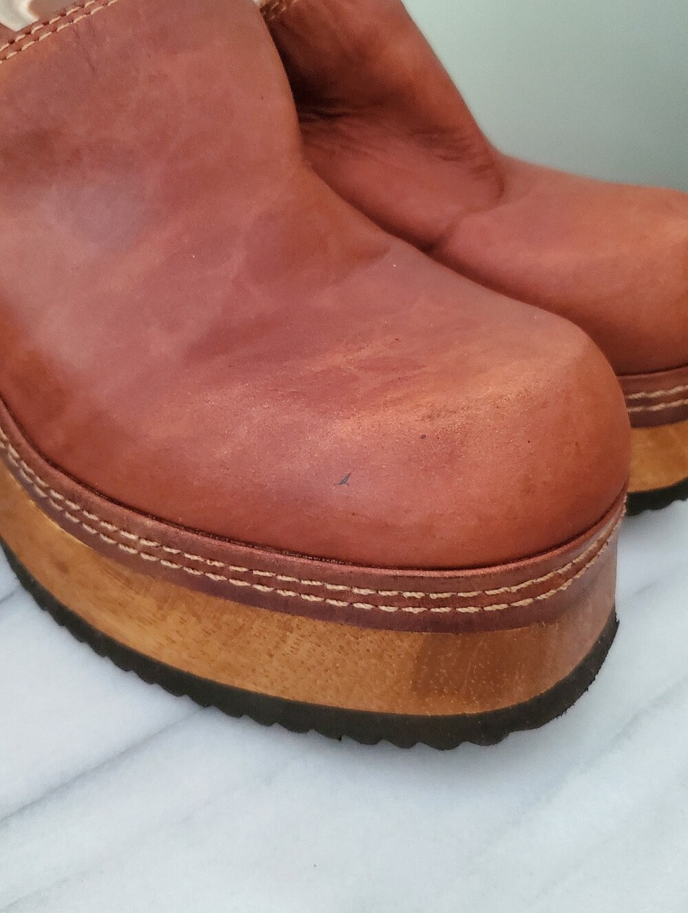 Vintage Candie's Iconic Wooden Platform Leather Mule Clogs - Picture 7 of 13